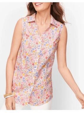 🌸 Talbots Sleeveless Floral Button Front Top Size 4 Pink Pastel Non-Iron Cotton
